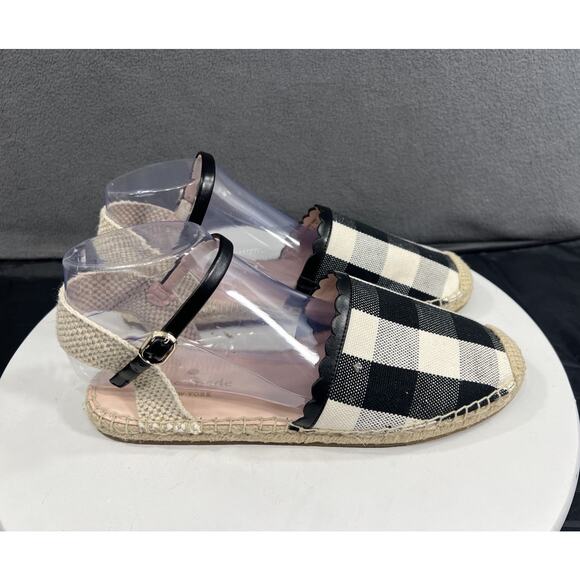 Kate Spade Bonnie Espadrilles Flats Ankle Strap Black White Check Women Size 9 - Picture 5 of 15